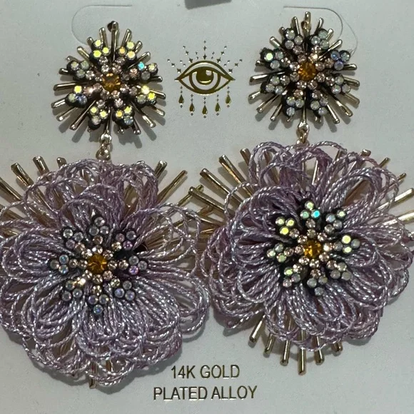 Eye Candy Gold and Lavender Floral Earrings - Picture 1 of 3